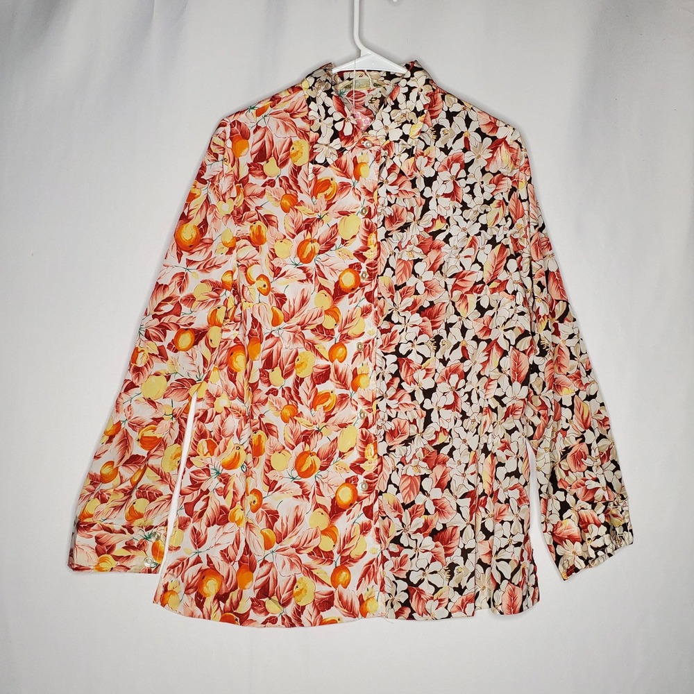 Alex Colman Vintage‎ 70s Button Top Large Split Print Fruit Floral Orange Red